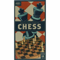 Vintage-style game box with blue king illustrations on red checkers and a photo of a wooden chess board and pieces.