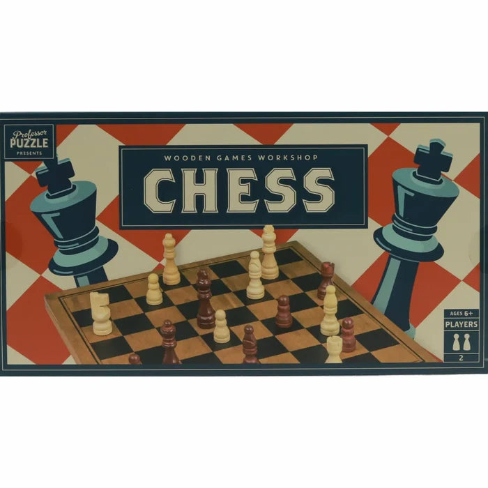 Wooden chess box featuring a wooden board and pieces against a red and cream checkered backdrop with teal king graphics.