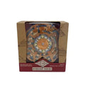 Circular wooden puzzle with rotating layers in a tan box featuring pyramid illustrations and a maroon base.