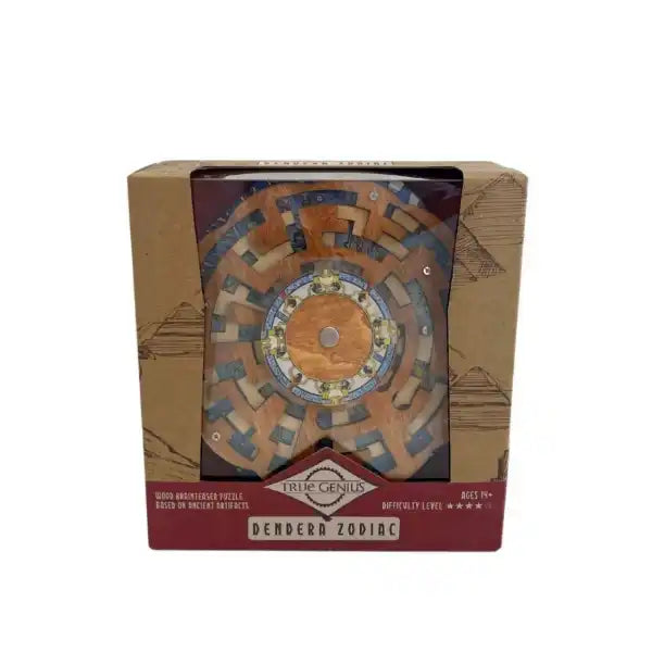 Circular wooden puzzle with rotating layers in a tan box featuring pyramid illustrations and a maroon base.