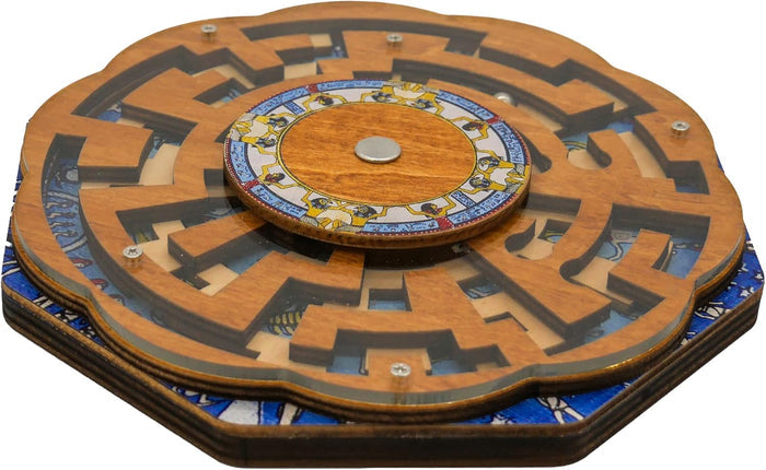 Circular wooden maze puzzle featuring rotating gear layers, Egyptian zodiac artwork, and a blue illustrated base.