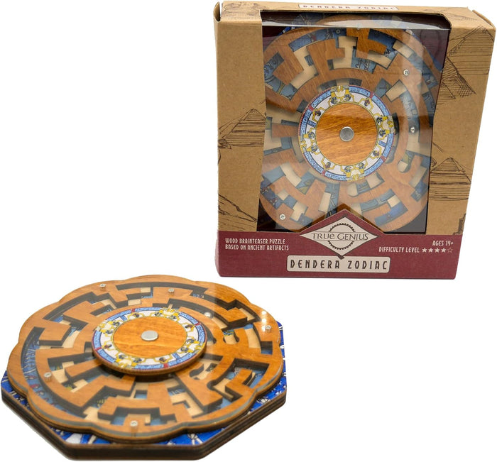 Circular wooden maze with rotating layers and Egyptian artwork, displayed beside its maroon and tan packaging box.