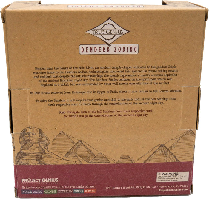 Back of a tan cardboard puzzle box featuring historical text and a line drawing of the Great Sphinx and Giza pyramids.
