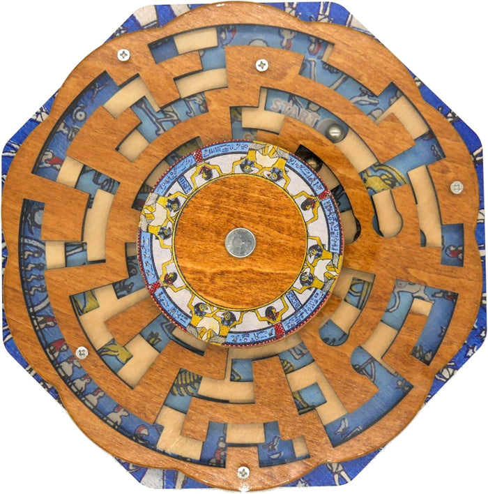 Scalloped circular wooden maze puzzle with Egyptian zodiac art, layered paths, and a silver ball on a blue background.
