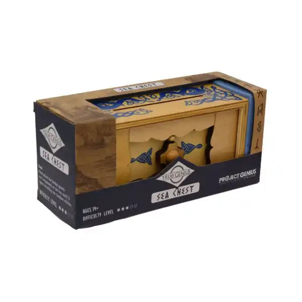 Wooden puzzle box with blue knot designs in its retail packaging labeled True Genius Sea Chest.