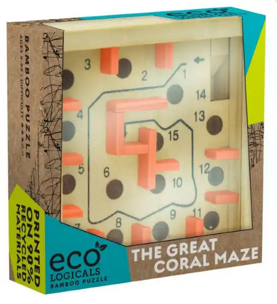 Wooden maze toy with orange dividers, black holes, and numbered paths inside a brown and teal retail box.