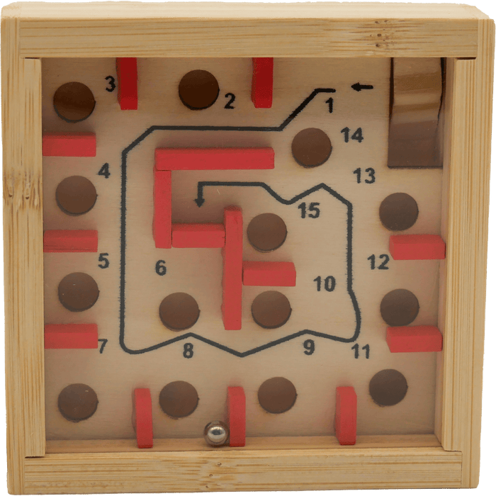 Square wooden maze featuring red barriers, numbered circular holes, and a small metal ball in a light wood frame.
