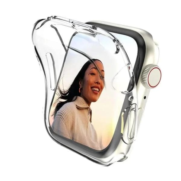 Clear protective case for Apple Watch Series SE 40mm, featuring a lighting and motor vehicle design, fits snugly around the watch.