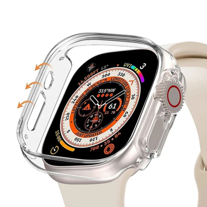 Clear protective case for Apple Watch Ultra showcasing a transparent design that covers the watch screen and sides.