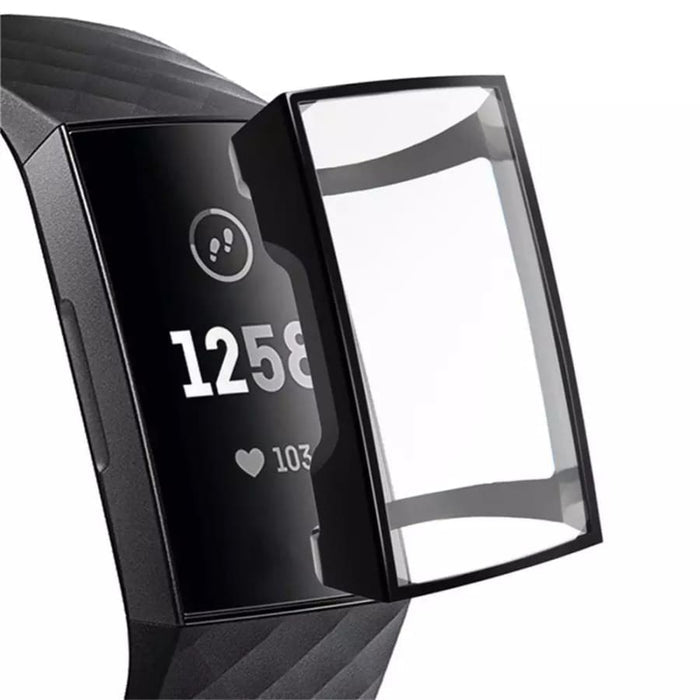 Black protective case for Fitbit Charge 3 and 4 smart watch, made by That Watch Shop, shown fitted on the device.