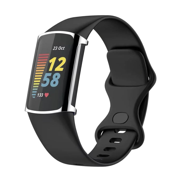 Black protective case for Fitbit Charge 6 fitness tracker, designed by That Watch Shop, shown on the silver Fitbit Charge 6.