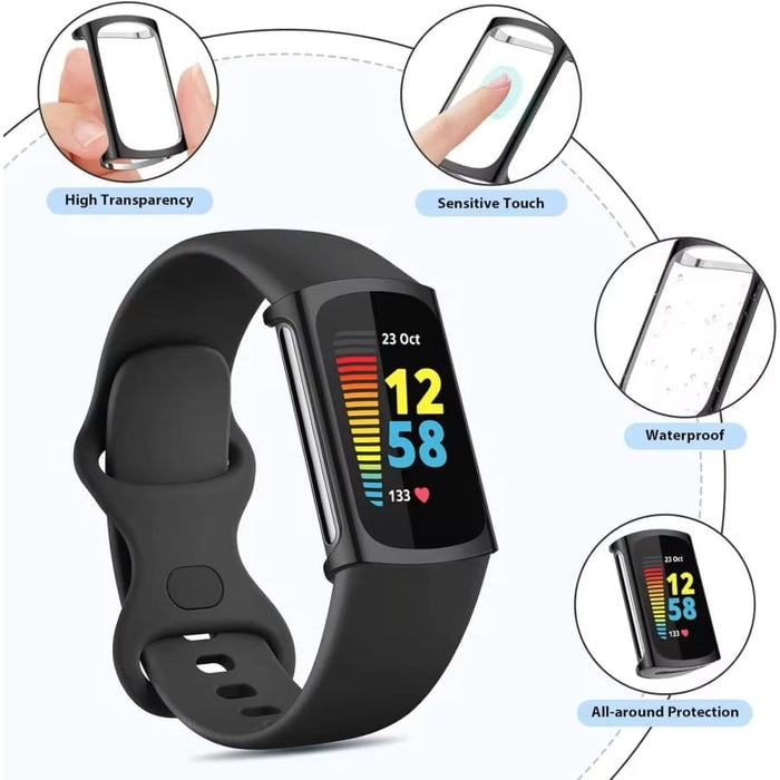 Black protective case for Fitbit Charge 6 fitness tracker, designed by That Watch Shop, with a sleek silver watch inside.