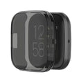 Black smoke protective case for Fitbit Versa 2 smartwatch, showing a snug fit around the device with clear button access.
