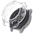 Clear protective case for Garmin Descent G1 and G2 smartwatch, made by That Watch Shop, shown on the watch displaying its face.