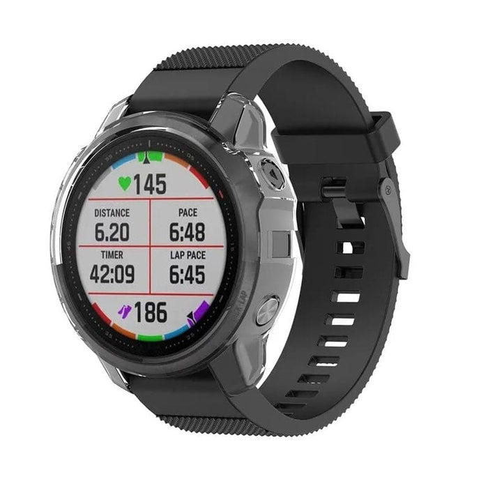 Clear protective case for Garmin Fenix 6S and 6S Pro series watch, designed to shield and preserve the watch's appearance.