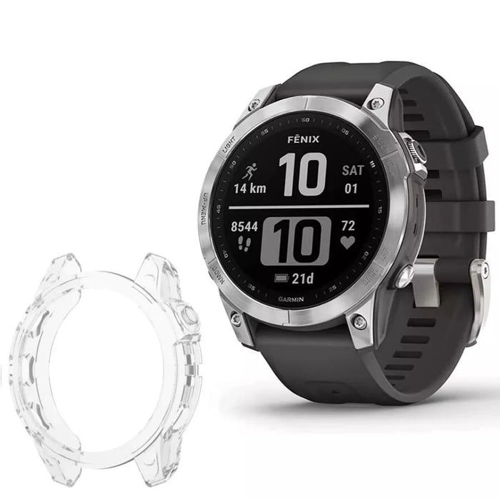 Clear protective case for Garmin fenix 7S and 7S Pro series watch, made by That Watch Shop, showcasing the transparent design.