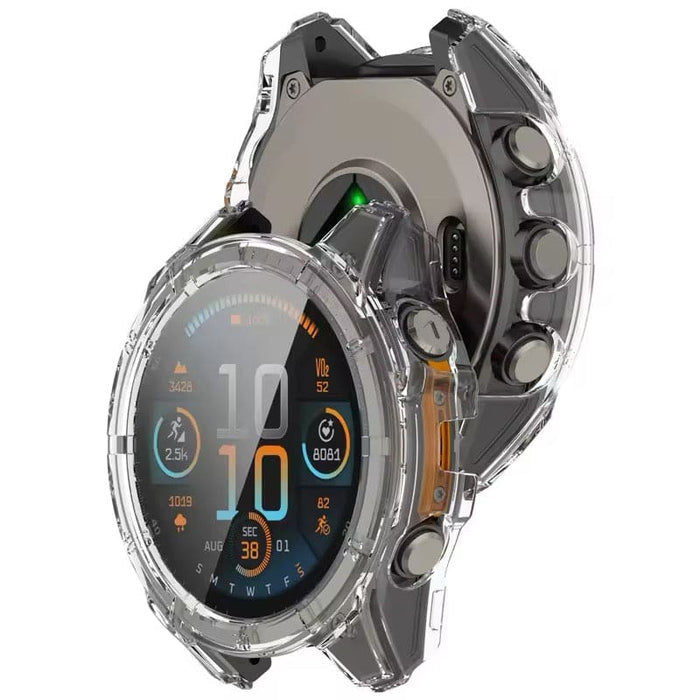 Clear protective watch case for Garmin fenix 8 47mm series, designed by That Watch Shop, showcasing a transparent fit over the watch.