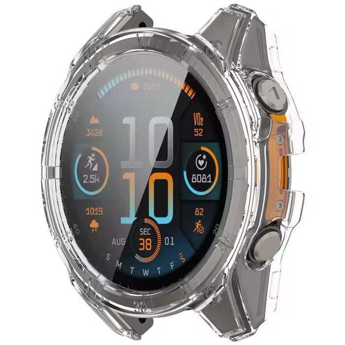 Clear protective case for Garmin fenix 8 47mm series watch, made by That Watch Shop, shown fitted on the watch.
