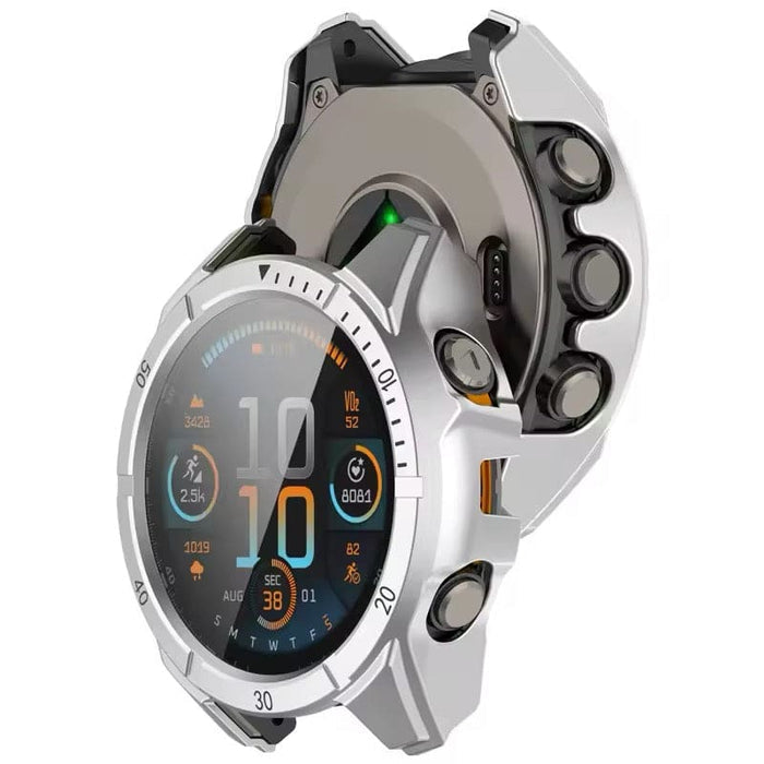 Silver protective case for Garmin Fenix 8 51mm series smartwatch, rugged metal design, fits securely around the watch.