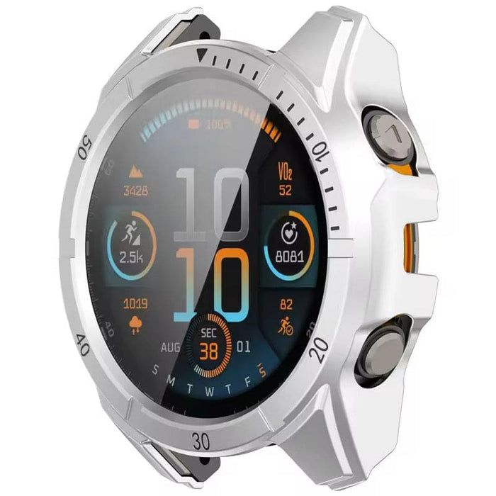 Silver protective watch case for Garmin Fenix 8 51mm series, designed to shield and enhance the smartwatch.
