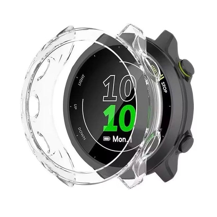 Clear protective case for Garmin Forerunner 158 smartwatch, designed by That Watch Shop, shown on the watch in this image.