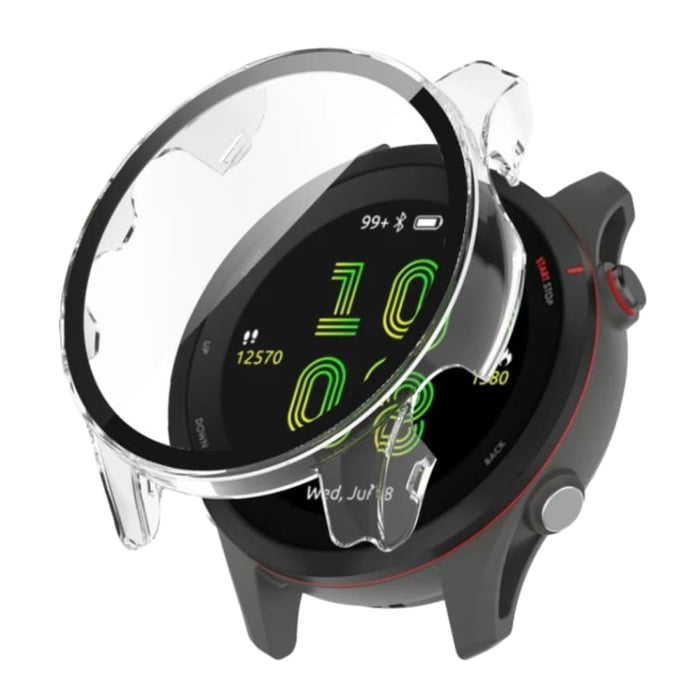 Clear protective case for Garmin Forerunner 255 smartwatch, showcasing a snug fit and transparent design for watch protection.