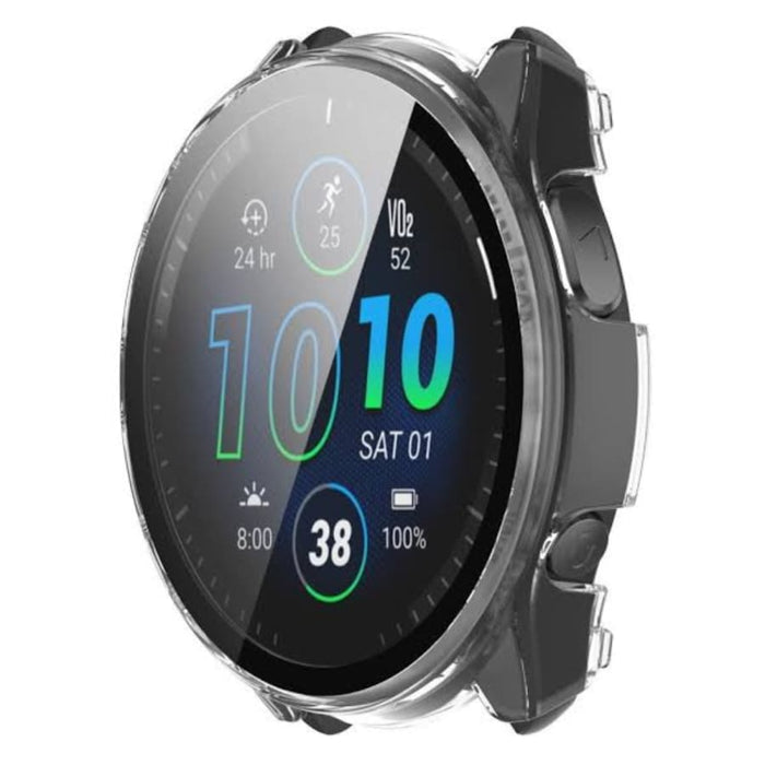Clear protective case for Garmin Forerunner 965 smartwatch, showcasing colorful digital display and durable watch protection.