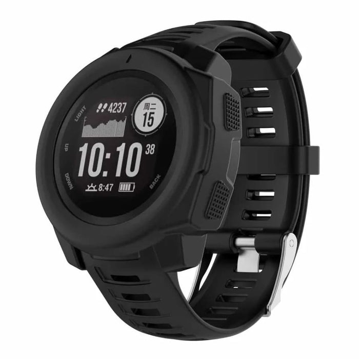Black protective case for Garmin Instinct watch, made by That Watch Shop, shown fitted on the smartwatch in a close-up image.