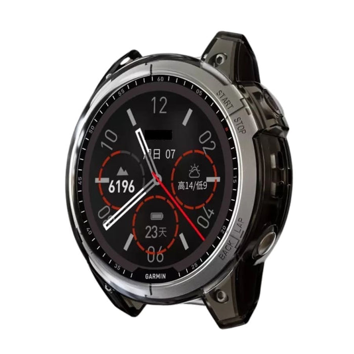 Clear protective case for Garmin quatix 7X watch, made by That Watch Shop, shown fitted on the device in the image.