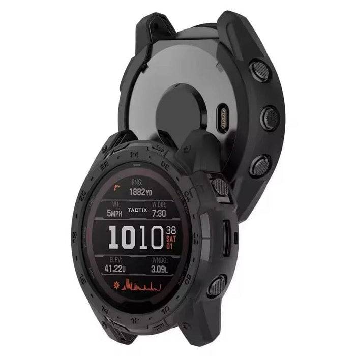 Rugged black protective case for Garmin Tactix 7 smartwatch, made by That Watch Shop, shown on a black smartwatch.