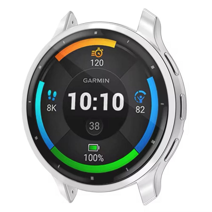 Silver protective watch case for Garmin Venu 3 smartwatch, designed to shield and enhance the device's appearance.