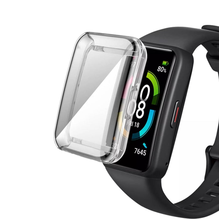 Clear protective case for Huawei Band 7, showcasing a transparent design that fits snugly around the smartwatch.