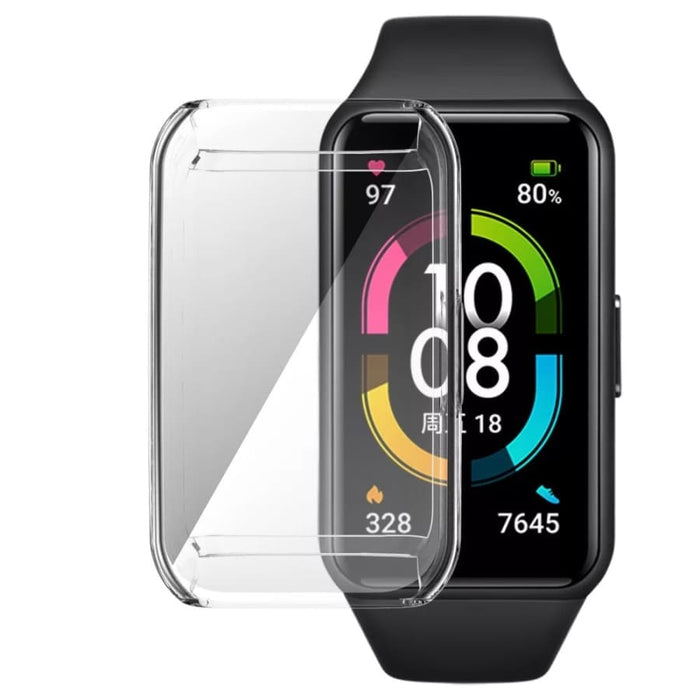 Clear protective case for Huawei Band 7 with tempered screen protector, featuring precise cutouts and durable design.