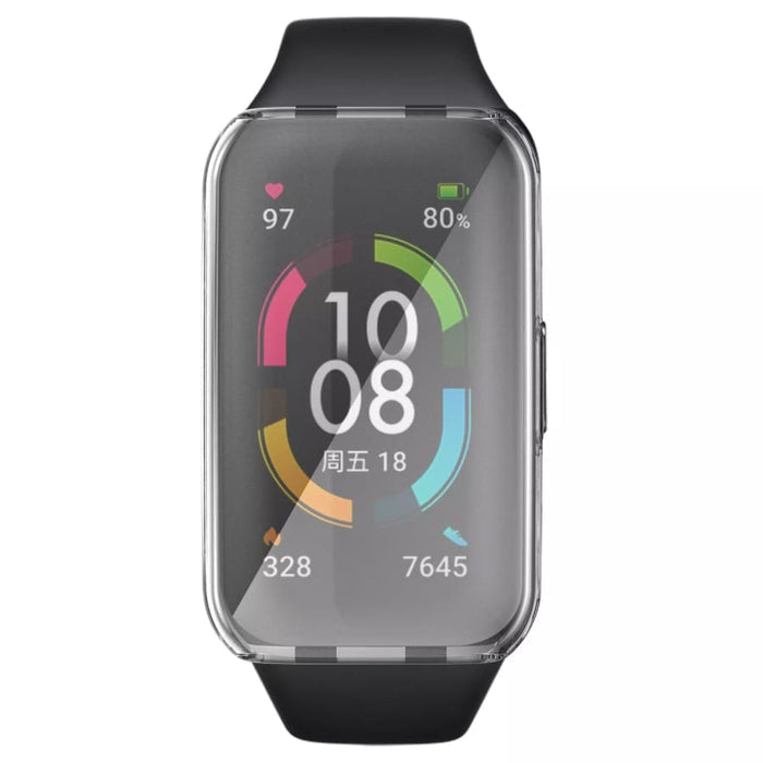 Clear protective case for Huawei Band 7 smartwatch, made by That Watch Shop, shown fitted on the device in the image.