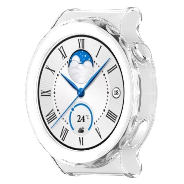 Clear protective case for Huawei GT3 Pro 43mm smartwatch, designed to shield the watch while showcasing its sleek design.
