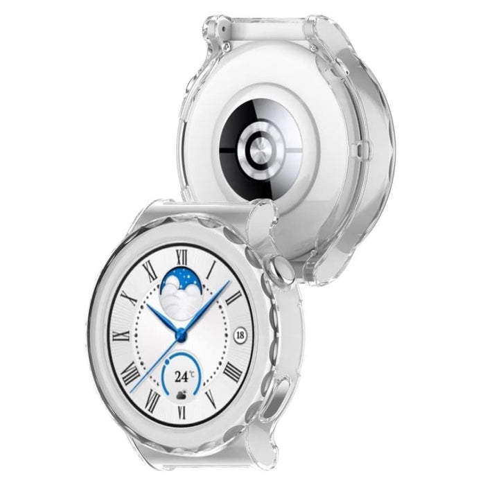 Clear protective case for Huawei GT3 Pro 43mm watch, showing a transparent, snug-fit design on a smartwatch.