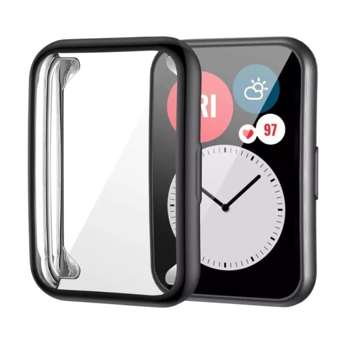 Black protective case for Huawei Watch Fit, made by That Watch Shop, designed to safeguard the smartwatch from scratches and impacts.