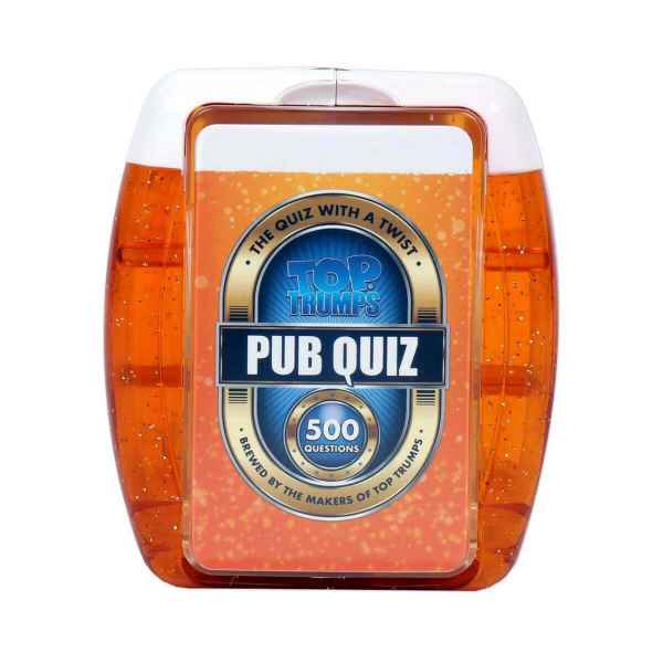 Orange glittery barrel-shaped case with a white lid and a blue and gold label for a 500-question pub quiz card game.