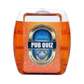Orange glittery barrel-shaped case with a white lid and a blue and gold label for a 500-question pub quiz card game.