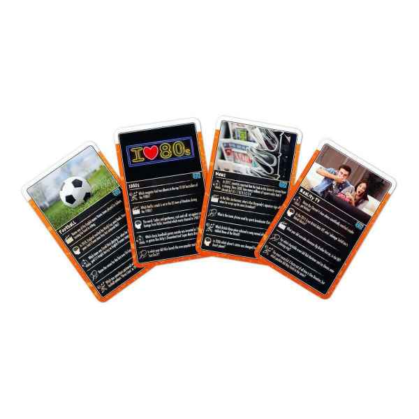 Four orange-bordered quiz cards fanned out, featuring categories for Football, the 1980s, News, and Reality TV.