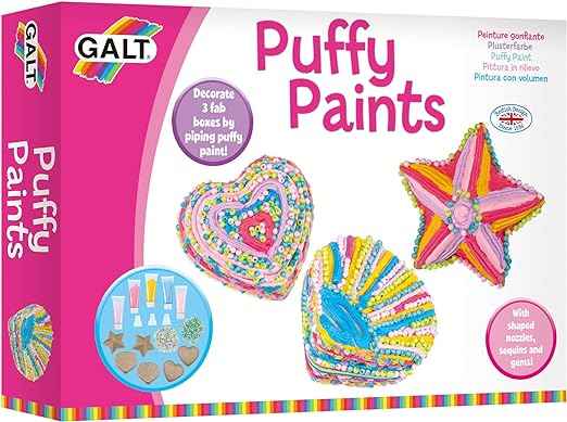 Vibrant pink box featuring a decorated heart, star, and seashell with colorful textured paint, sequins, and beads.