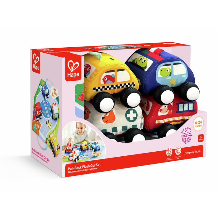 Hape box containing four colorful plush toy vehicles: a yellow taxi, blue car, white ambulance, and red bus.