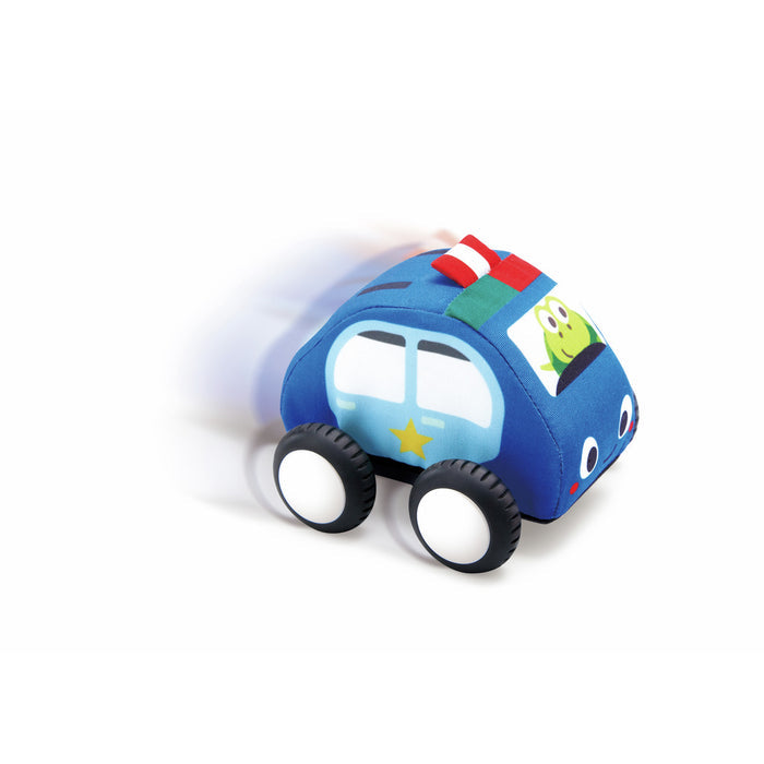 Blue soft plush police car toy with a yellow star and smiling face, shown with a motion blur effect.