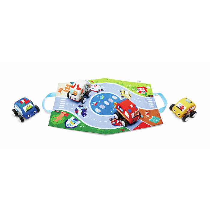 Four colorful plush toy vehicles on a fabric road map play mat with blue handles.