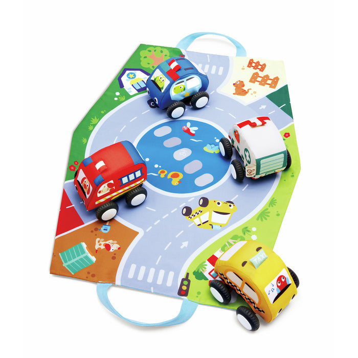 Red, blue, white, and yellow plush toy cars on a colorful road-themed play mat with blue carrying handles.