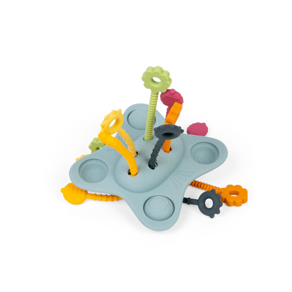 Light blue silicone activity toy with colorful, textured pull strings in yellow, green, orange, pink, and grey.