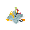 Light blue silicone activity toy with colorful, textured pull strings in yellow, green, orange, pink, and grey.