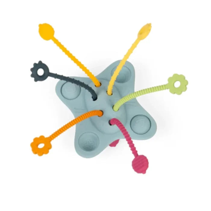 Light blue star-shaped sensory toy with six colorful, textured pull strings with unique handle shapes.