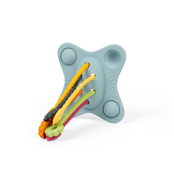 Light blue butterfly-shaped silicone toy with five colorful textured pull strings and corner popper buttons.