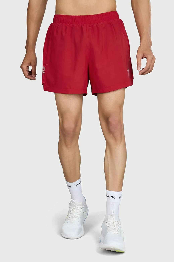 Red Pulse 4-inch running shorts by Fuaark Nz, lightweight and comfortable athleisure wear, shown flat on a white background.